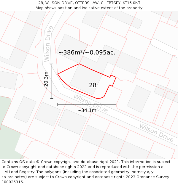 28, WILSON DRIVE, OTTERSHAW, CHERTSEY, KT16 0NT: Plot and title map