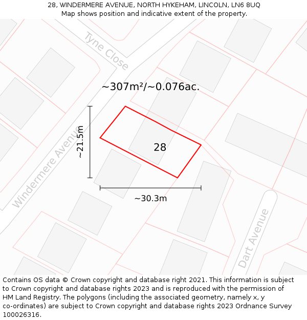 28, WINDERMERE AVENUE, NORTH HYKEHAM, LINCOLN, LN6 8UQ: Plot and title map
