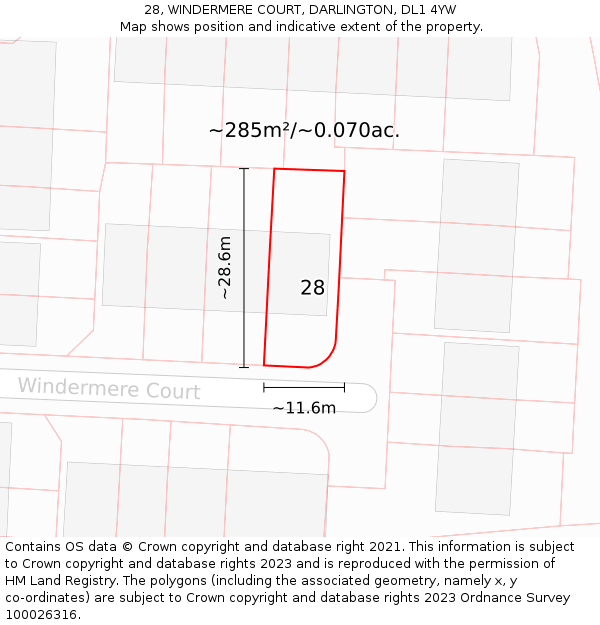 28, WINDERMERE COURT, DARLINGTON, DL1 4YW: Plot and title map