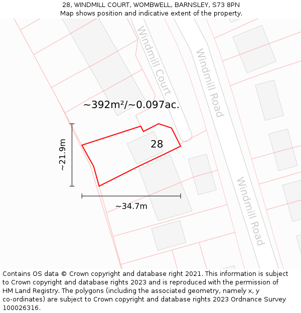 28, WINDMILL COURT, WOMBWELL, BARNSLEY, S73 8PN: Plot and title map