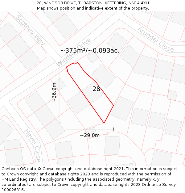 28, WINDSOR DRIVE, THRAPSTON, KETTERING, NN14 4XH: Plot and title map