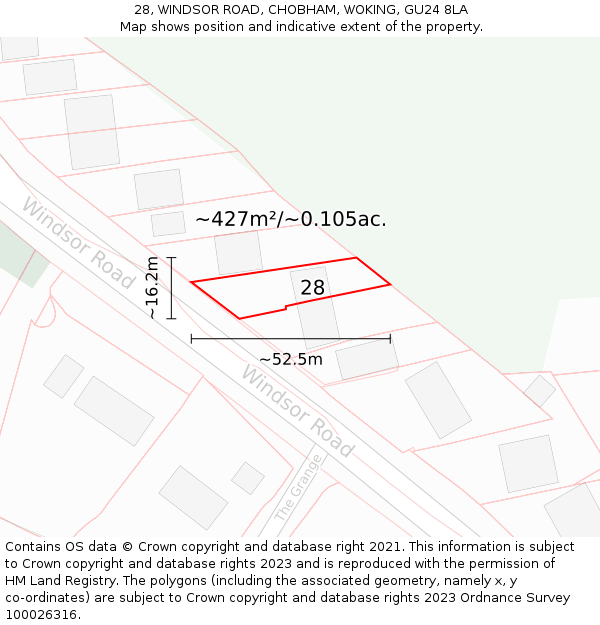 28, WINDSOR ROAD, CHOBHAM, WOKING, GU24 8LA: Plot and title map