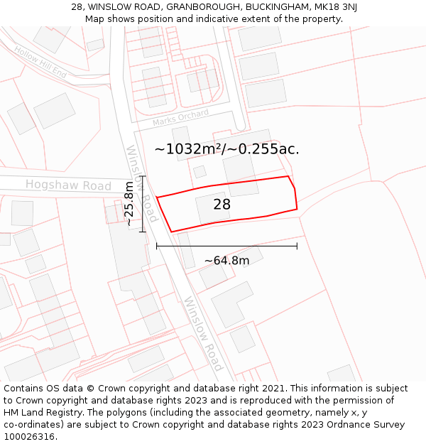 28, WINSLOW ROAD, GRANBOROUGH, BUCKINGHAM, MK18 3NJ: Plot and title map