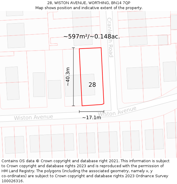 28, WISTON AVENUE, WORTHING, BN14 7QP: Plot and title map