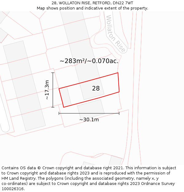 28, WOLLATON RISE, RETFORD, DN22 7WT: Plot and title map