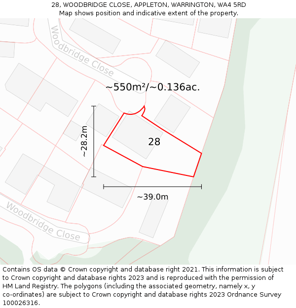 28, WOODBRIDGE CLOSE, APPLETON, WARRINGTON, WA4 5RD: Plot and title map
