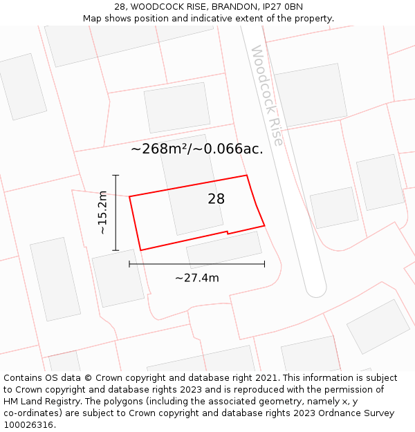 28, WOODCOCK RISE, BRANDON, IP27 0BN: Plot and title map