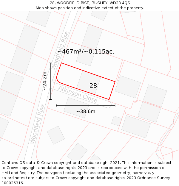 28, WOODFIELD RISE, BUSHEY, WD23 4QS: Plot and title map