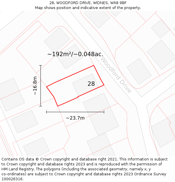 28, WOODFORD DRIVE, WIDNES, WA8 9BF: Plot and title map