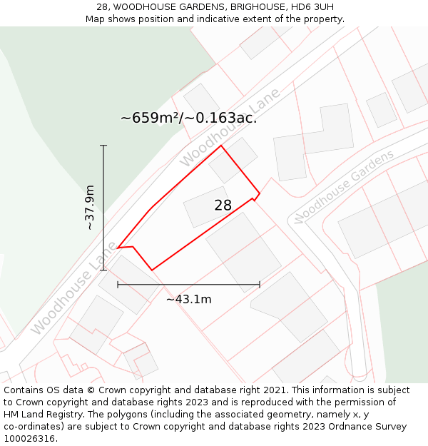 28, WOODHOUSE GARDENS, BRIGHOUSE, HD6 3UH: Plot and title map