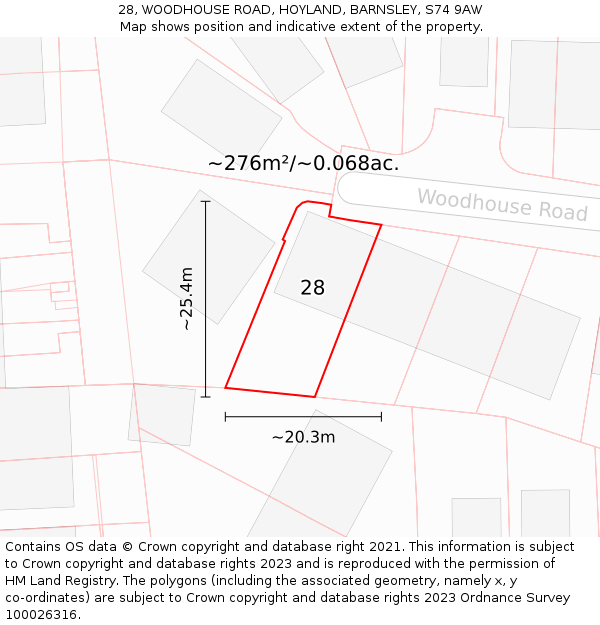 28, WOODHOUSE ROAD, HOYLAND, BARNSLEY, S74 9AW: Plot and title map