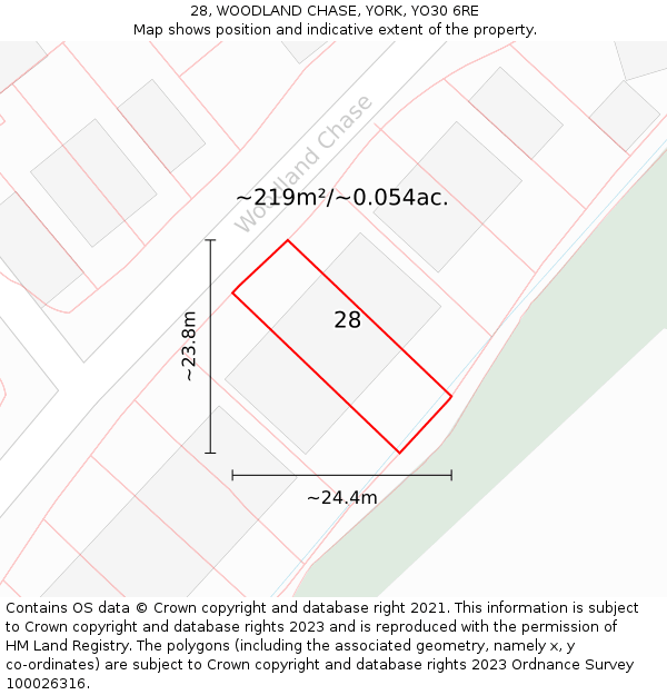28, WOODLAND CHASE, YORK, YO30 6RE: Plot and title map