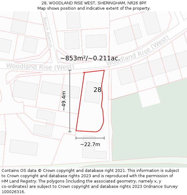 28, WOODLAND RISE WEST, SHERINGHAM, NR26 8PF: Plot and title map