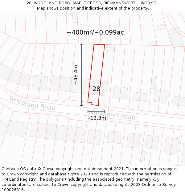 28, WOODLAND ROAD, MAPLE CROSS, RICKMANSWORTH, WD3 9SU: Plot and title map