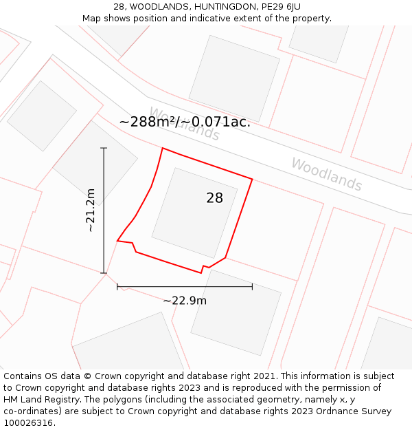 28, WOODLANDS, HUNTINGDON, PE29 6JU: Plot and title map