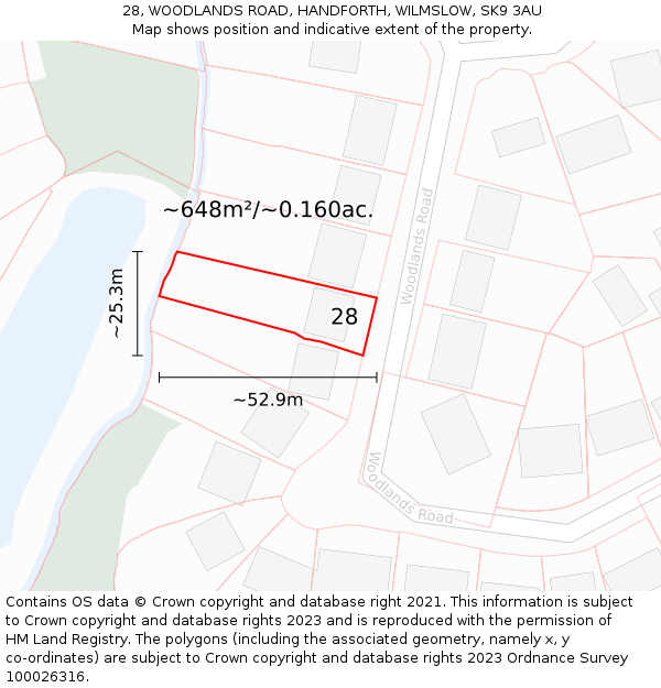 28, WOODLANDS ROAD, HANDFORTH, WILMSLOW, SK9 3AU: Plot and title map