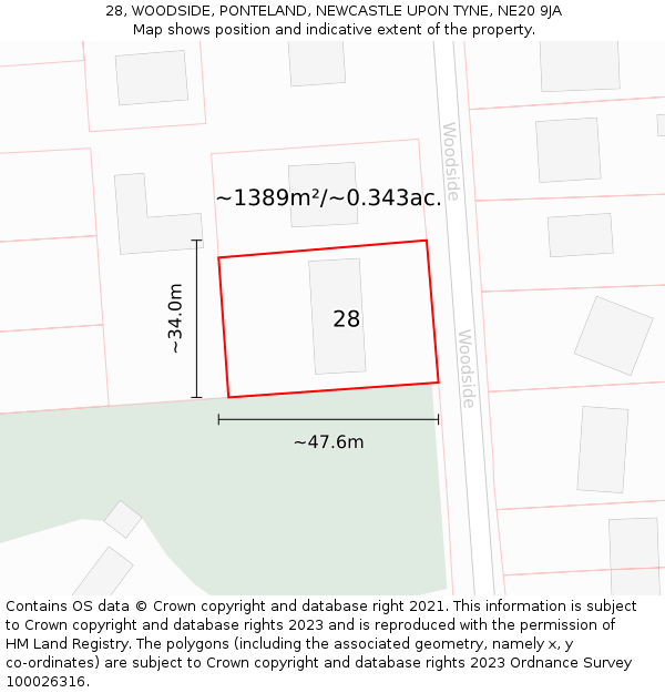 28, WOODSIDE, PONTELAND, NEWCASTLE UPON TYNE, NE20 9JA: Plot and title map