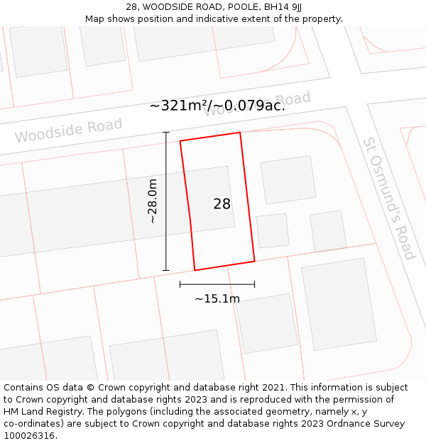 28, WOODSIDE ROAD, POOLE, BH14 9JJ: Plot and title map