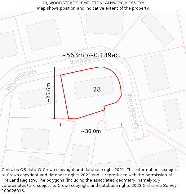 28, WOODSTEADS, EMBLETON, ALNWICK, NE66 3XY: Plot and title map