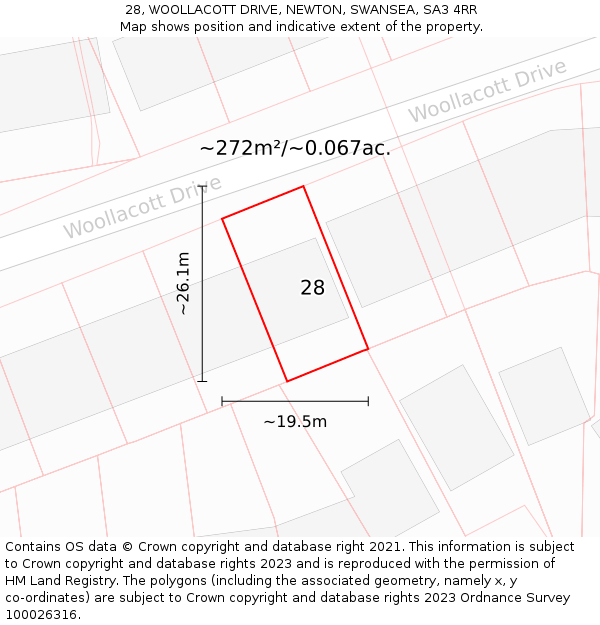 28, WOOLLACOTT DRIVE, NEWTON, SWANSEA, SA3 4RR: Plot and title map