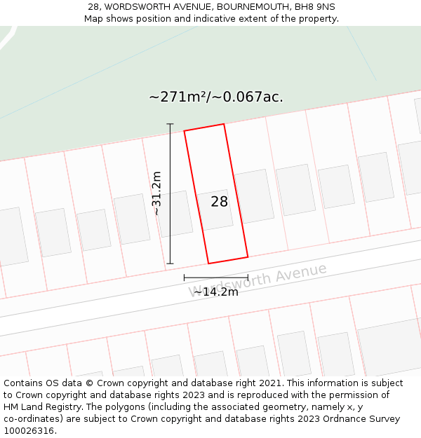 28, WORDSWORTH AVENUE, BOURNEMOUTH, BH8 9NS: Plot and title map