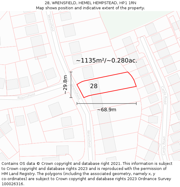 28, WRENSFIELD, HEMEL HEMPSTEAD, HP1 1RN: Plot and title map