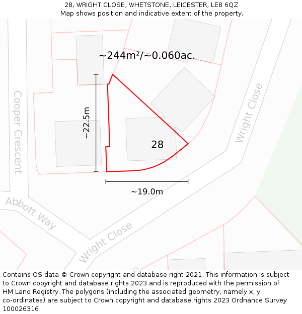 28, WRIGHT CLOSE, WHETSTONE, LEICESTER, LE8 6QZ: Plot and title map