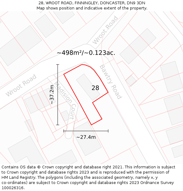 28, WROOT ROAD, FINNINGLEY, DONCASTER, DN9 3DN: Plot and title map