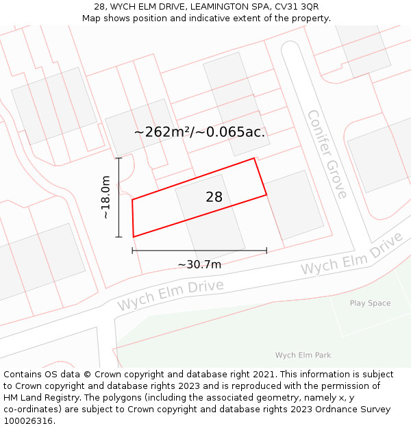 28, WYCH ELM DRIVE, LEAMINGTON SPA, CV31 3QR: Plot and title map