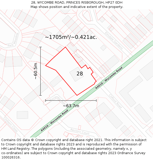 28, WYCOMBE ROAD, PRINCES RISBOROUGH, HP27 0DH: Plot and title map