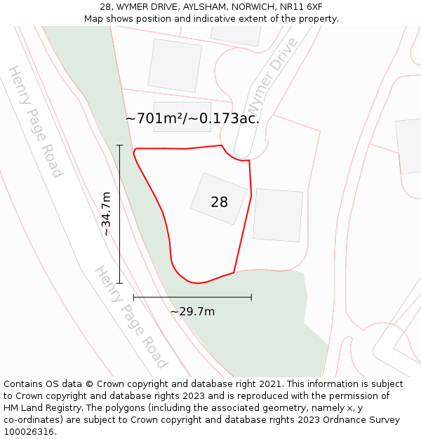 28, WYMER DRIVE, AYLSHAM, NORWICH, NR11 6XF: Plot and title map