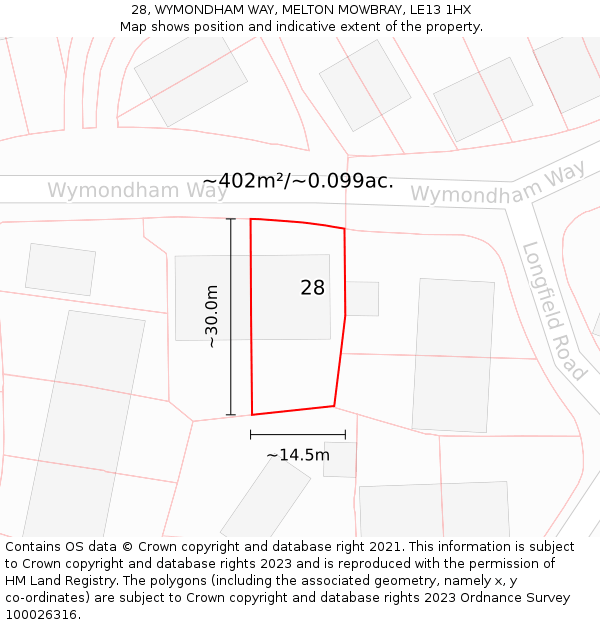 28, WYMONDHAM WAY, MELTON MOWBRAY, LE13 1HX: Plot and title map