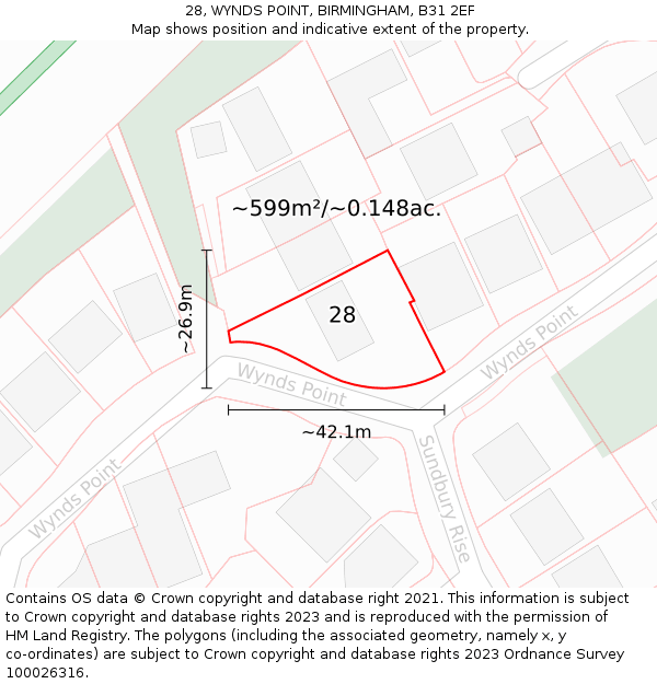 28, WYNDS POINT, BIRMINGHAM, B31 2EF: Plot and title map
