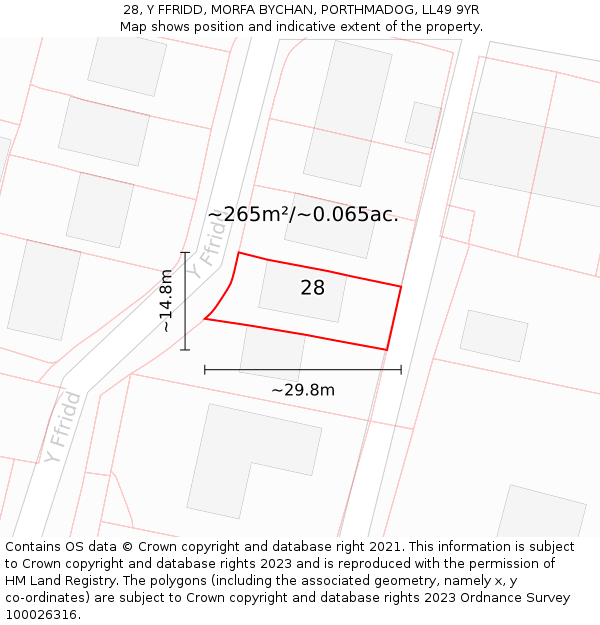 28, Y FFRIDD, MORFA BYCHAN, PORTHMADOG, LL49 9YR: Plot and title map