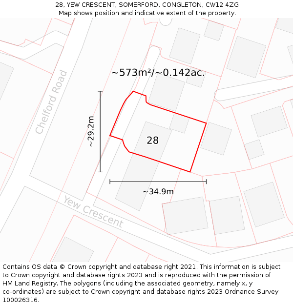 28, YEW CRESCENT, SOMERFORD, CONGLETON, CW12 4ZG: Plot and title map