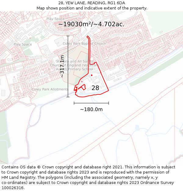 28, YEW LANE, READING, RG1 6DA: Plot and title map