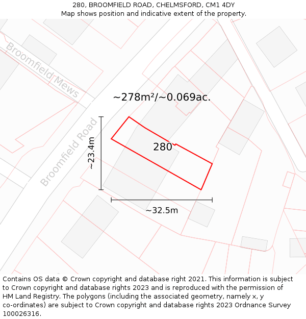 280, BROOMFIELD ROAD, CHELMSFORD, CM1 4DY: Plot and title map