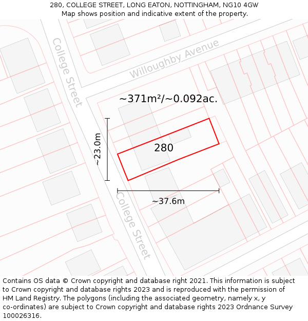 280, COLLEGE STREET, LONG EATON, NOTTINGHAM, NG10 4GW: Plot and title map