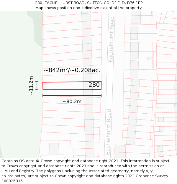 280, EACHELHURST ROAD, SUTTON COLDFIELD, B76 1EP: Plot and title map