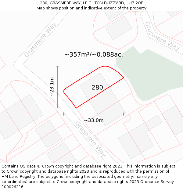280, GRASMERE WAY, LEIGHTON BUZZARD, LU7 2QB: Plot and title map