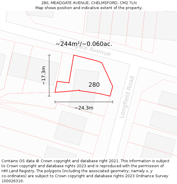 280, MEADGATE AVENUE, CHELMSFORD, CM2 7LN: Plot and title map