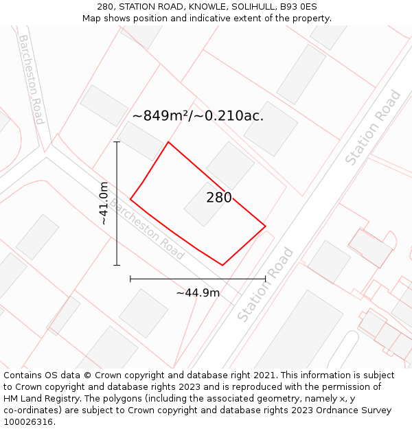 280, STATION ROAD, KNOWLE, SOLIHULL, B93 0ES: Plot and title map