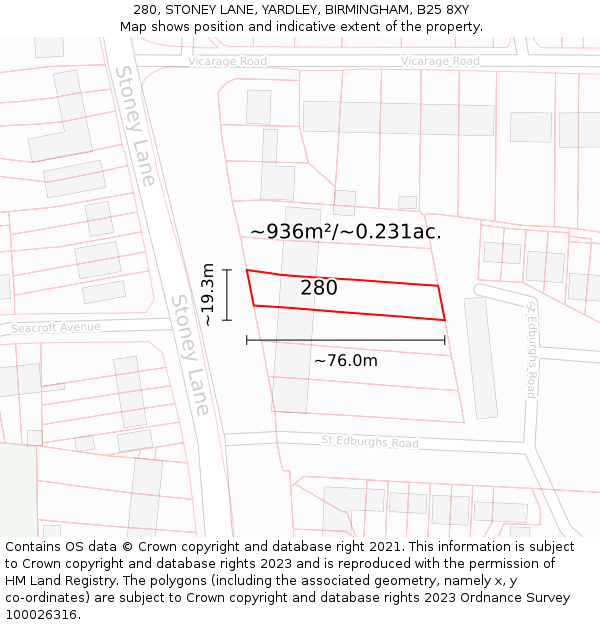 280, STONEY LANE, YARDLEY, BIRMINGHAM, B25 8XY: Plot and title map