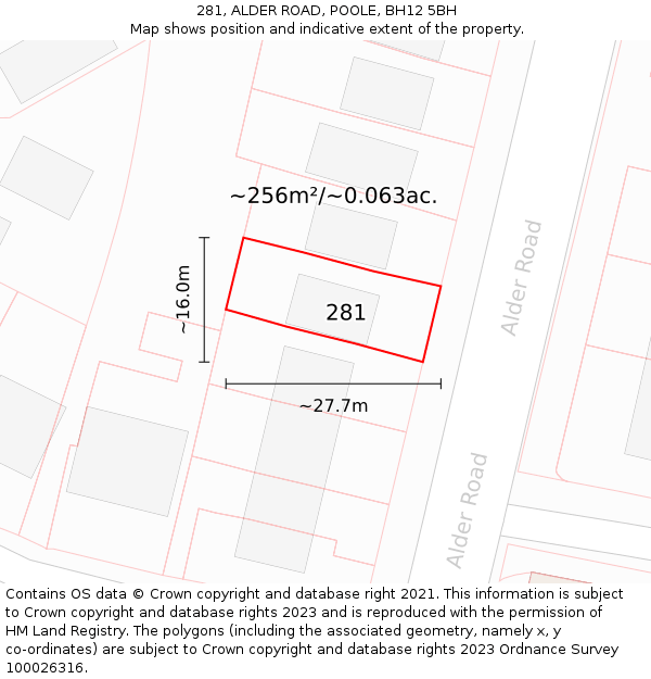 281, ALDER ROAD, POOLE, BH12 5BH: Plot and title map