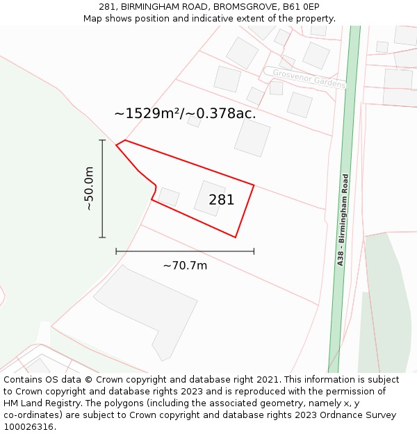 281, BIRMINGHAM ROAD, BROMSGROVE, B61 0EP: Plot and title map