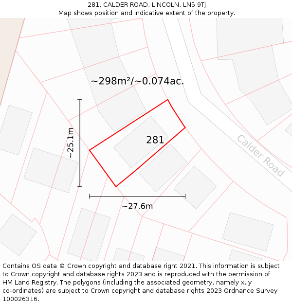 281, CALDER ROAD, LINCOLN, LN5 9TJ: Plot and title map