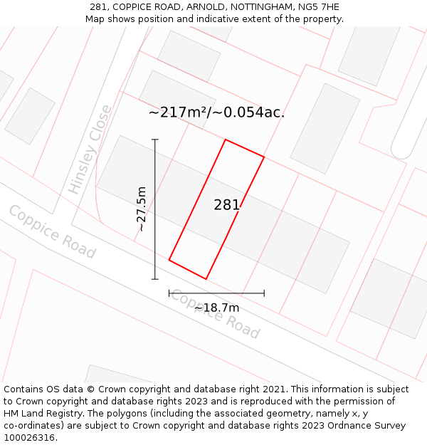 281, COPPICE ROAD, ARNOLD, NOTTINGHAM, NG5 7HE: Plot and title map