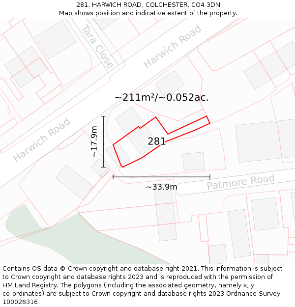 281, HARWICH ROAD, COLCHESTER, CO4 3DN: Plot and title map