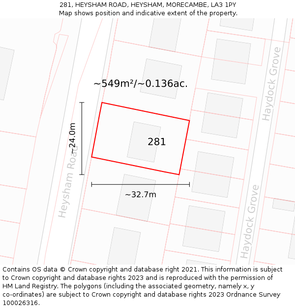 281, HEYSHAM ROAD, HEYSHAM, MORECAMBE, LA3 1PY: Plot and title map