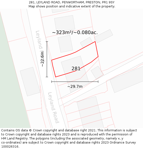 281, LEYLAND ROAD, PENWORTHAM, PRESTON, PR1 9SY: Plot and title map
